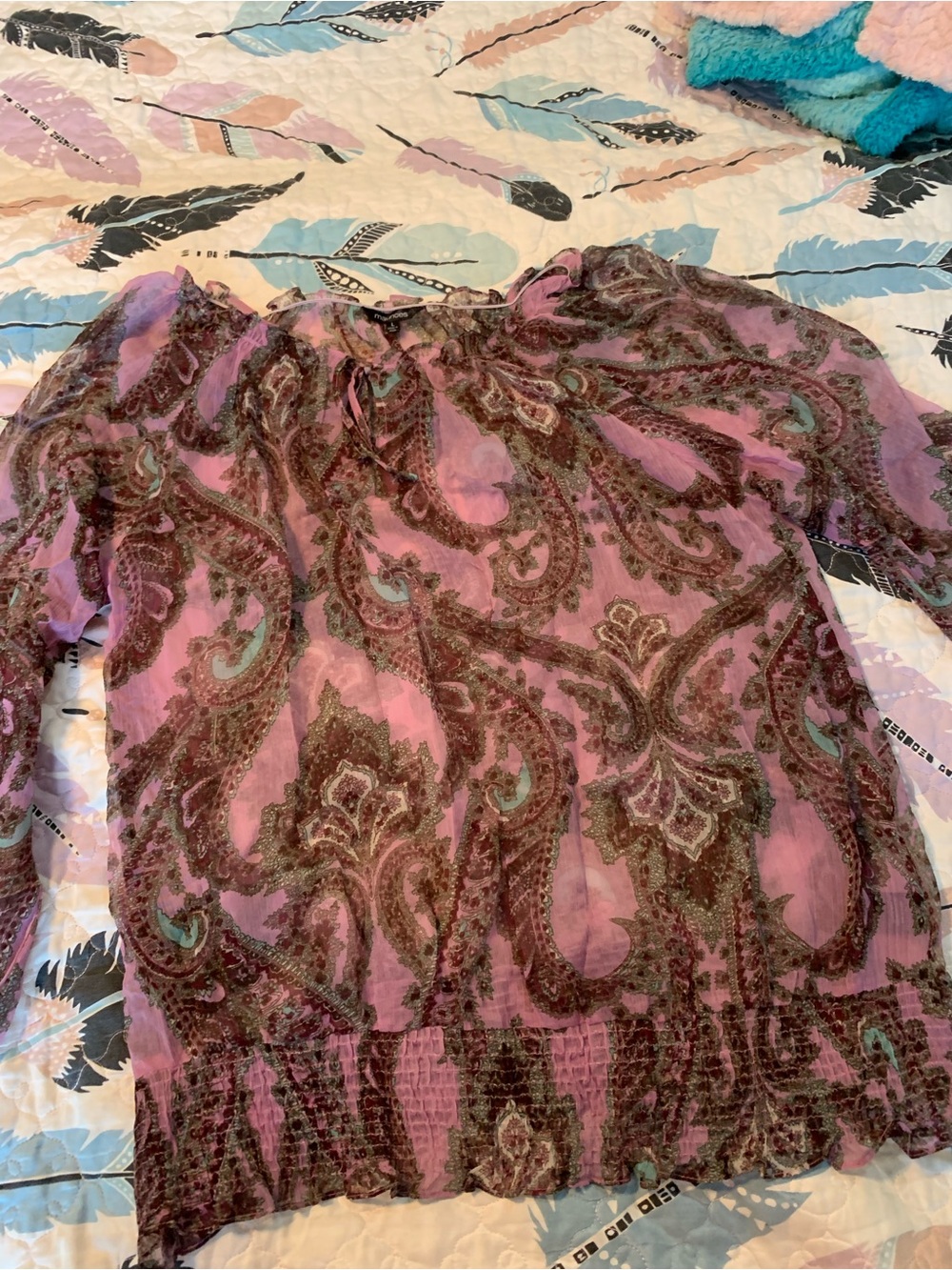 Maurices Pink Paisley Sheer Peasant Blouse with Teal Accents
